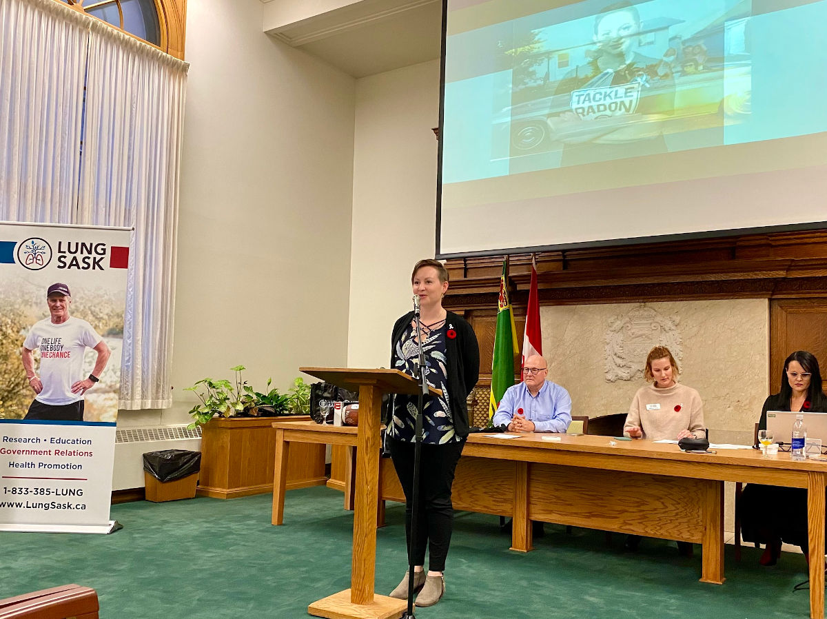 Christine Elliot, Radon Ambassador, speaking to Saskatchewan MLAs