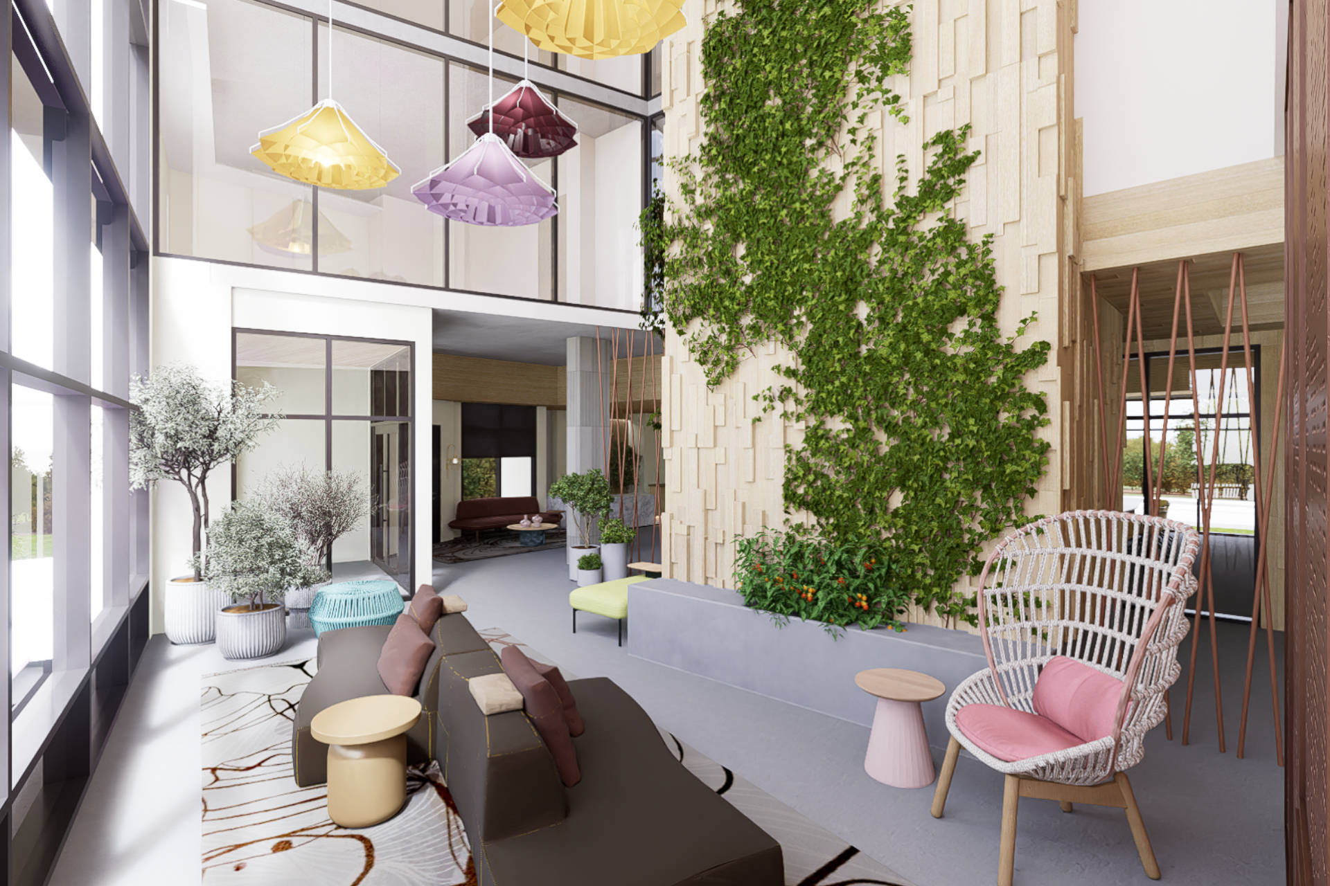 Render of the interior of Breathing Space, showing a sitting area with a vaulted three storey ceiling