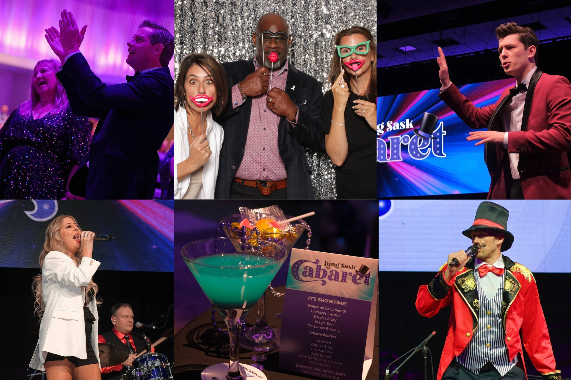 A collage of photos taken at our Cabaret event: attendees clapping, attendees dressing up in a photobooth, the MC speaking, Lisa Moen singing, two cocktails sitting on a table, and a magician doing a trick