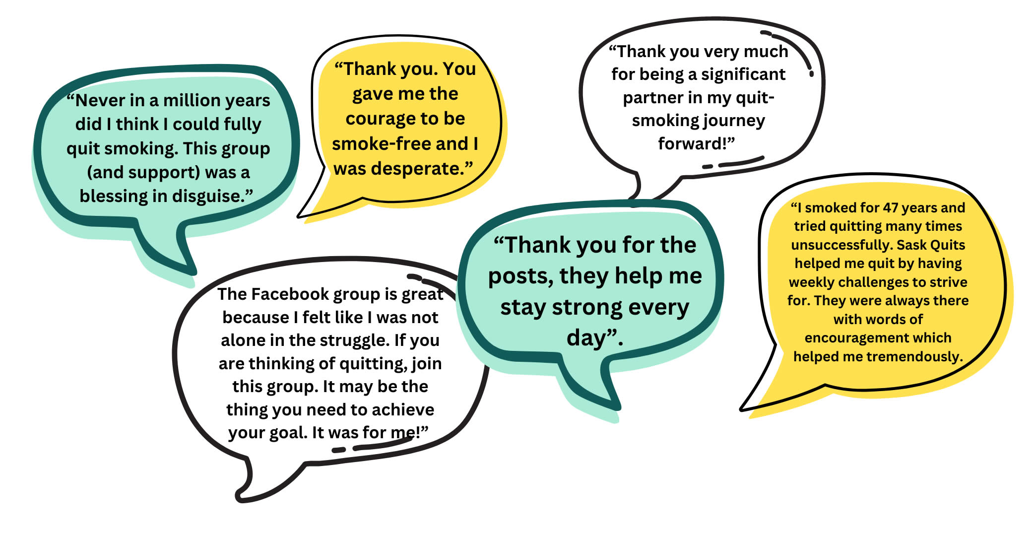 Quotes from Sask Quits participants: 'Never in a million years did I think I could fully quit smoking. This group (and support) was a blessing in disguise.' 'Thank you. You gave me the courage to be smoke-free and I was desperate.' 'Thank you very much for being a significant partner in my quit-smoking journey forward!' 'Thank you for the posts, they help me stay strong every day' 'I smoked for 47 years and tried quitting many times unsuccessfully. Sask Quits helped me quit by having weekly challenges to strive for. They were always there with words of encouragement which helped me tremendously.' 'The Facebook group is great because I felt like I was not alone in the struggle. If you are thinking of quitting, join this group. It may be the thing you need to achieve your goal. It was for me!'