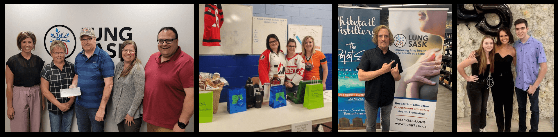 A collage of third party events supporting Lung Sask: A cheque presentation, a hockey draft, Kim Coates pointing at a Lung Sask banner, and Jen May and her children