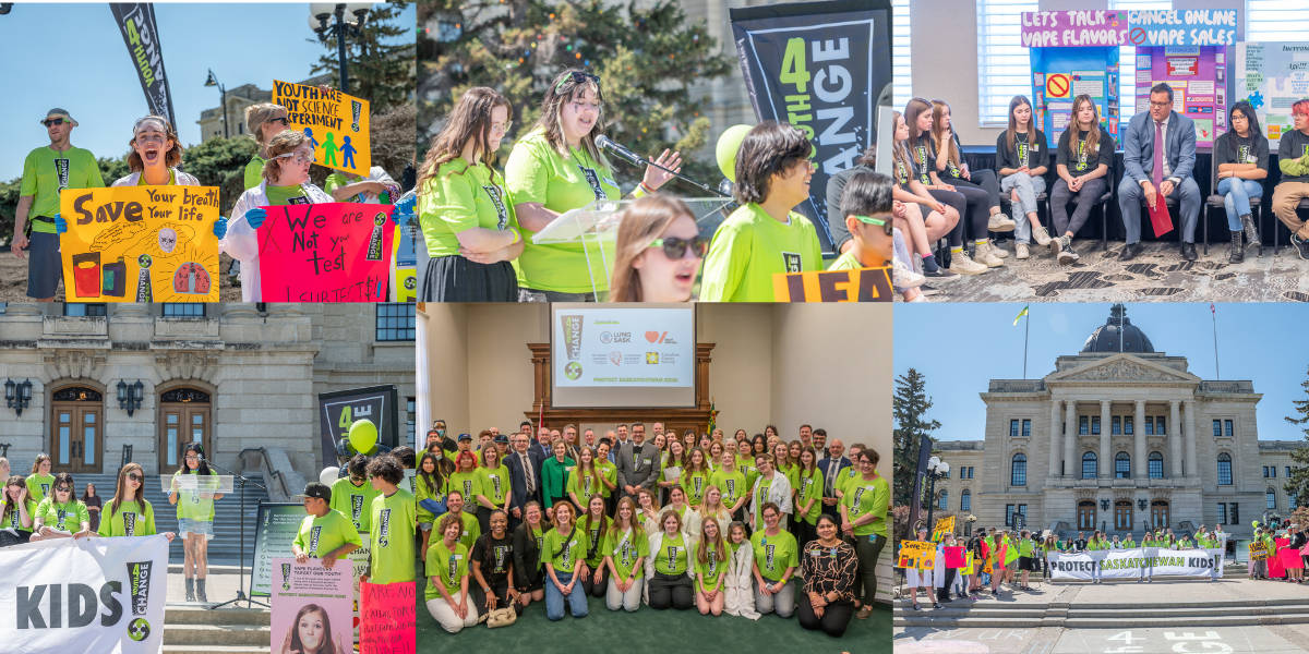 A collage of photos of Youth4Change members taken at the Saskatchewan Legislature in Regina, including meeting with members, holding banners outside, and speaking over a PA system