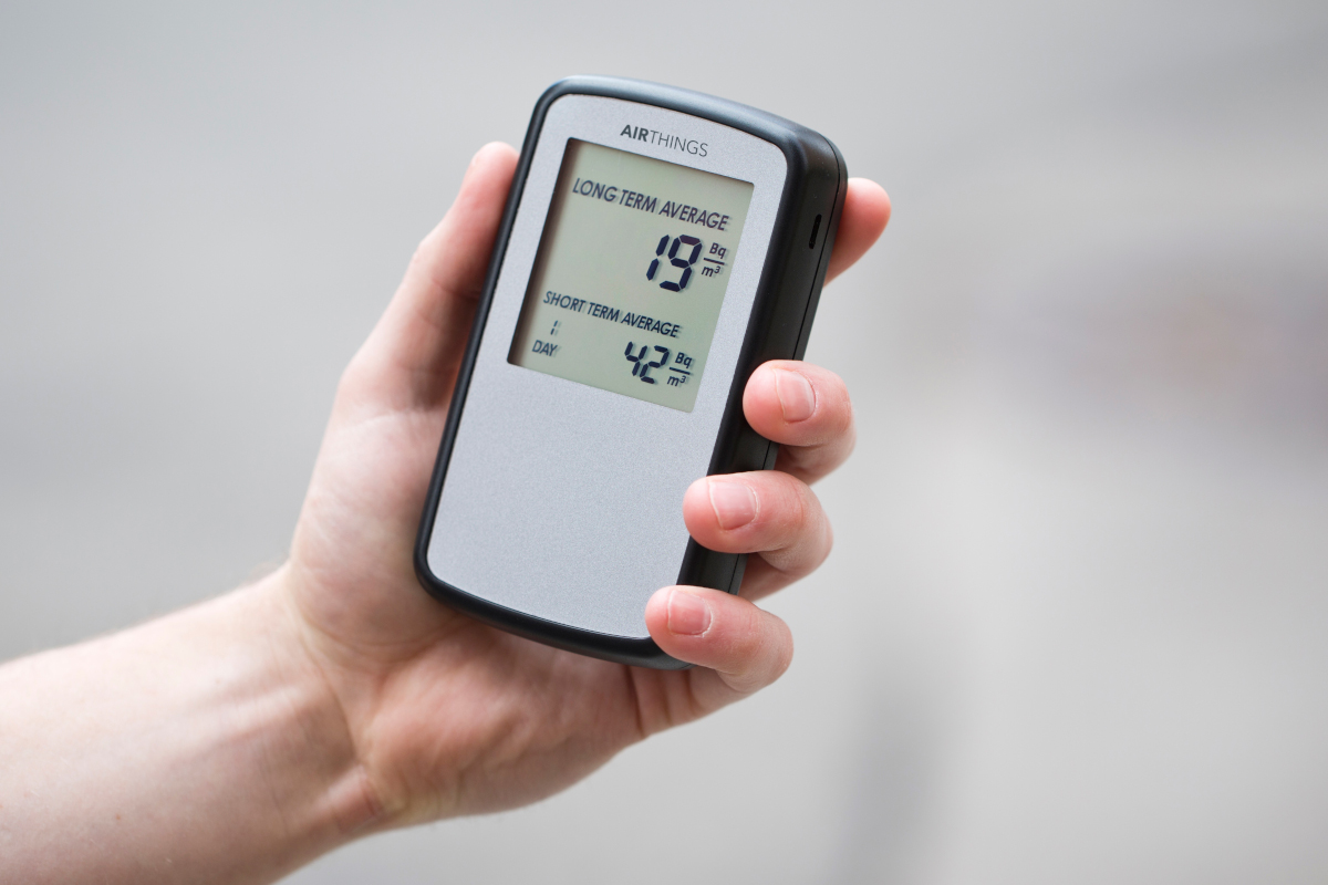 An Airthings Corentium Electronic Radon Monitor, available for lending from select Saskatchewan library systems.